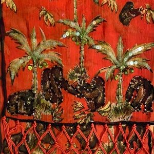Red Shawl with monkeys, palm trees. Red fringe.